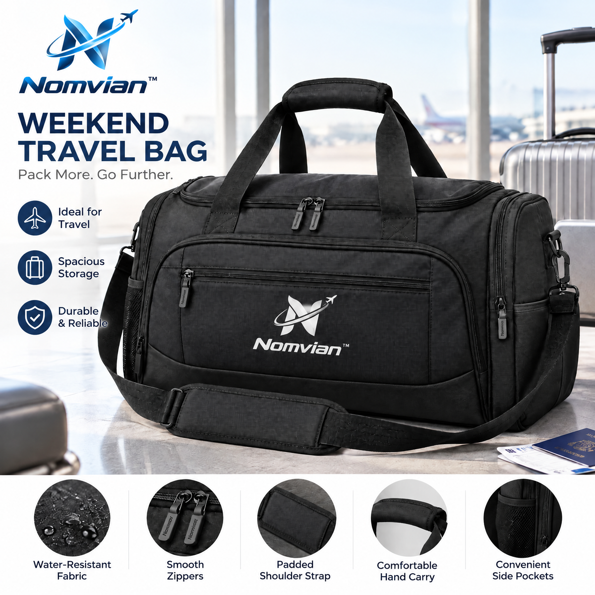 Nomvian™ Weekend Escape Travel Bag – Spacious Carry-On Duffel Bag for Short Trips, Gym, Business Travel & Everyday Adventures