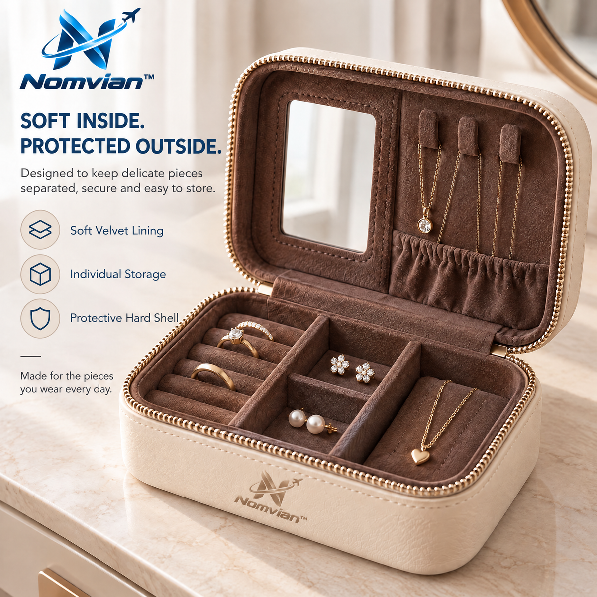 Nomvian™ JewelryMate Travel Case – Compact Jewelry Organizer Box for Rings, Earrings, Necklaces & Everyday Accessories