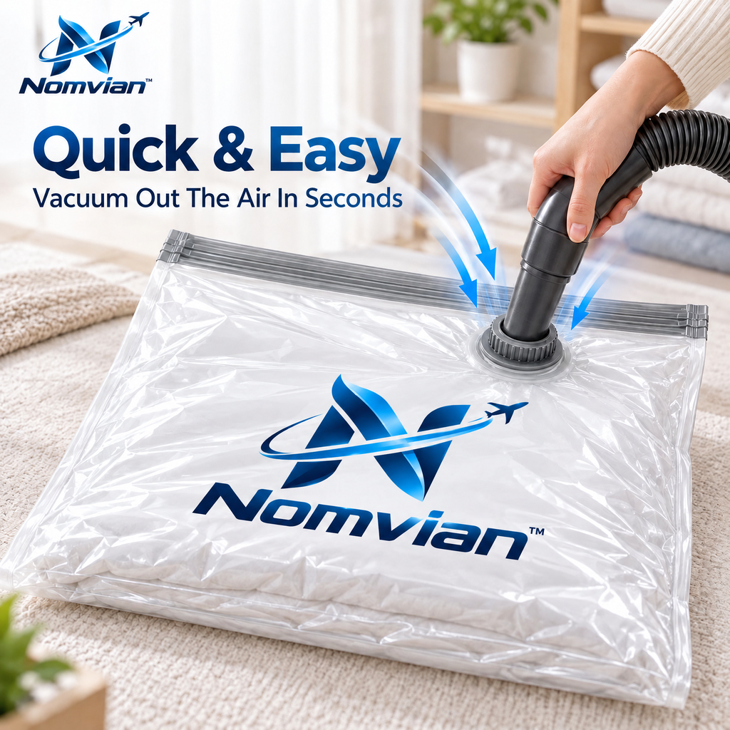 Nomvian™ SpaceSaver Compression Bags – Vacuum Storage Bags for Travel Packing, Clothing Organization & Space-Saving Storage