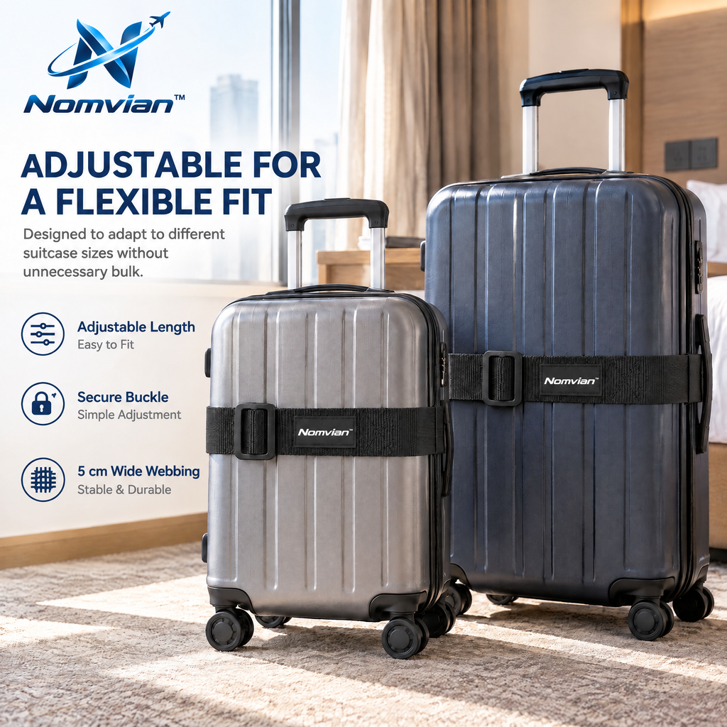Nomvian™ SecureHold Luggage Strap – Adjustable Travel Suitcase Belt for Baggage Security, Identification & Easy Handling