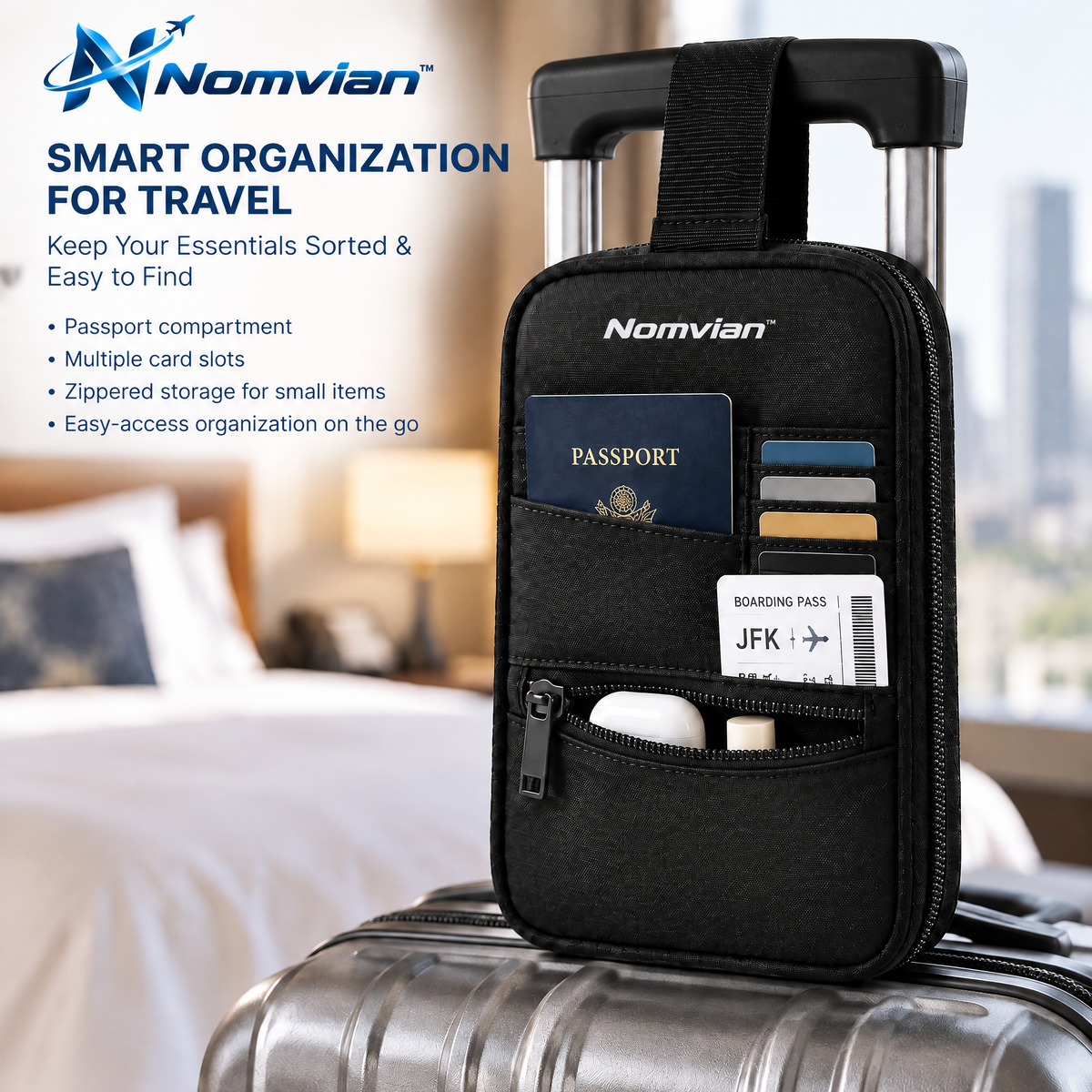 Nomvian™ LuggageMate Hanging Organizer – Travel Suitcase Attachment Bag for Extra Storage, Airport Convenience & Everyday Carry