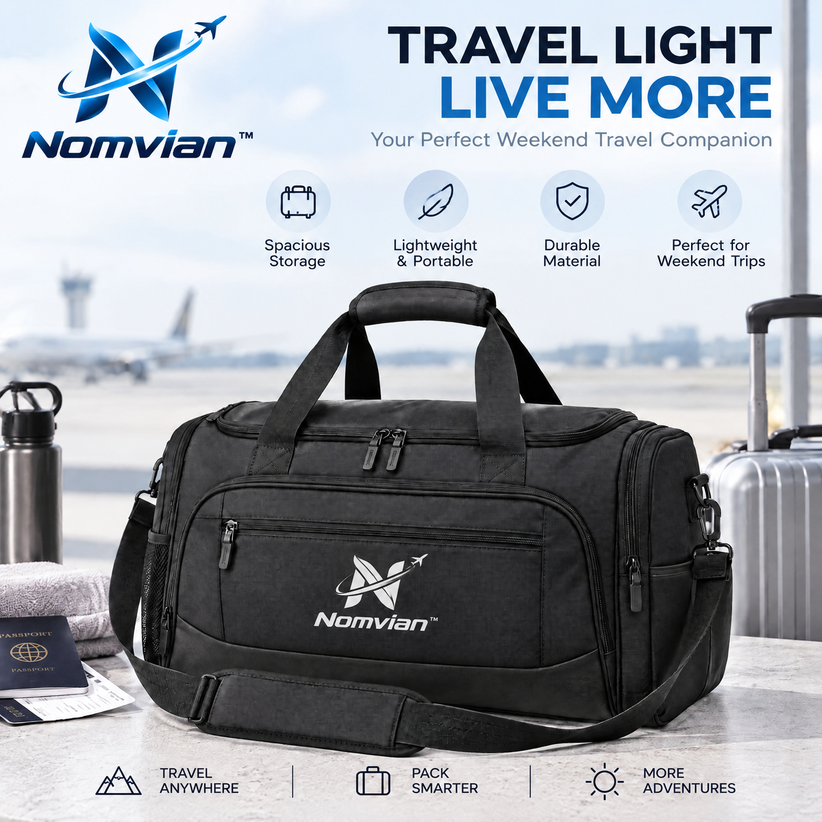 Nomvian™ Weekend Escape Travel Bag – Spacious Carry-On Duffel Bag for Short Trips, Gym, Business Travel & Everyday Adventures