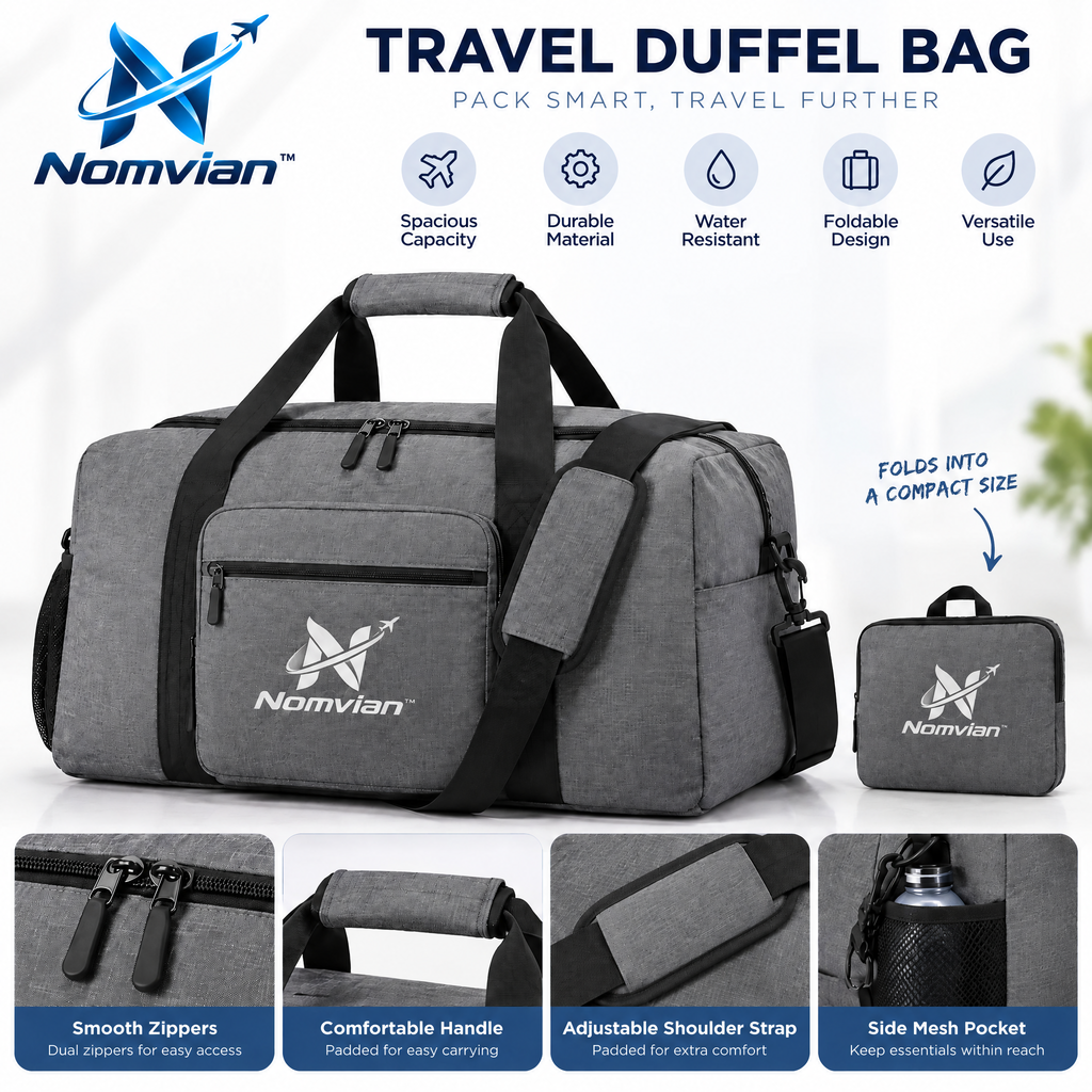 Nomvian™ FoldAway Travel Bag – Lightweight Expandable Folding Duffel Bag for Trips, Storage, Gym & Everyday Carry