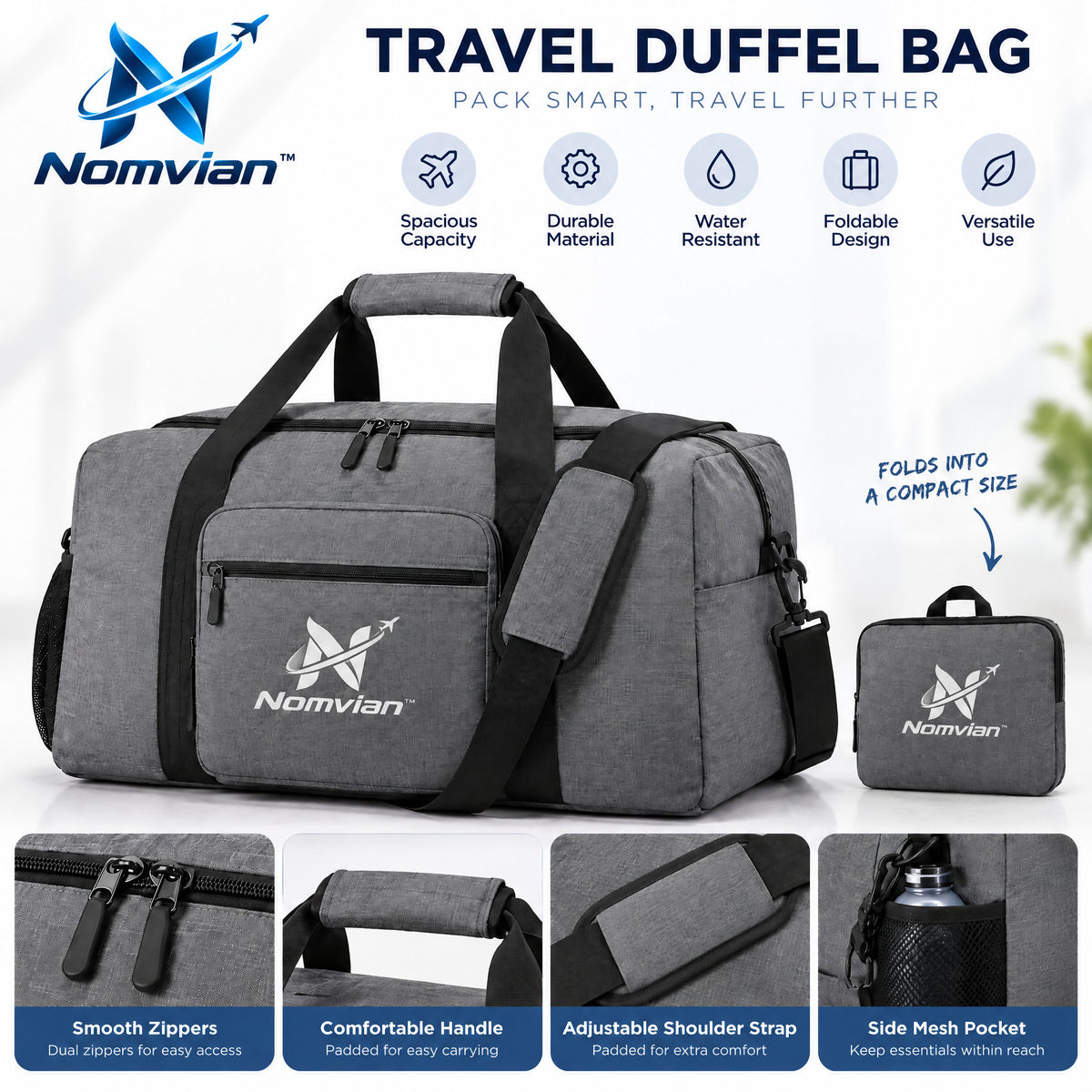 Nomvian™ FoldAway Travel Bag – Lightweight Expandable Folding Duffel Bag for Trips, Storage, Gym & Everyday Carry