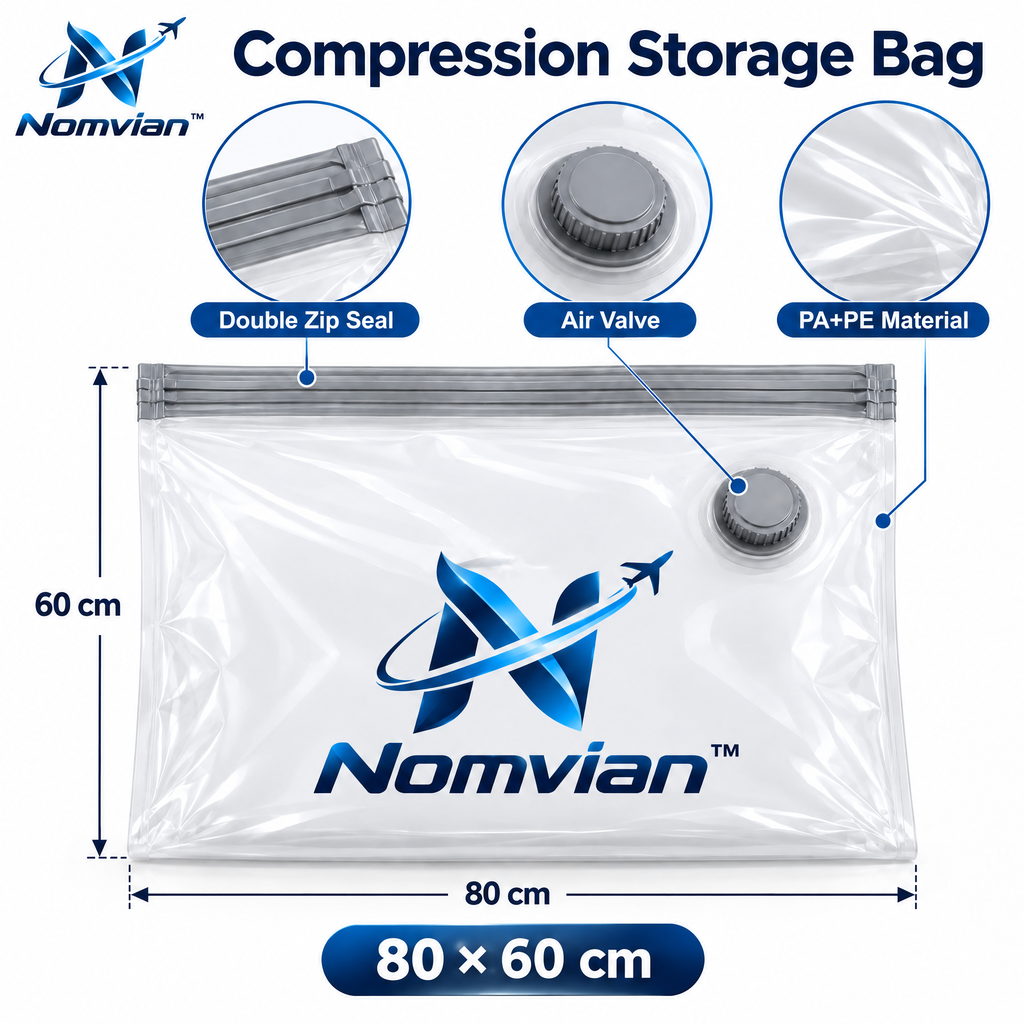 Nomvian™ SpaceSaver Compression Bags – Vacuum Storage Bags for Travel Packing, Clothing Organization & Space-Saving Storage