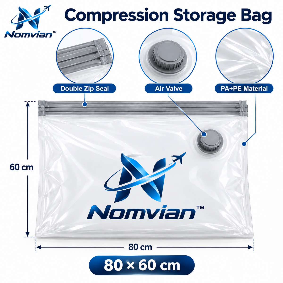 Nomvian™ SpaceSaver Compression Bags – Vacuum Storage Bags for Travel Packing, Clothing Organization & Space-Saving Storage