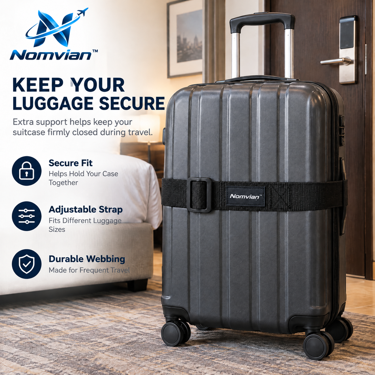 Nomvian™ SecureHold Luggage Strap – Adjustable Travel Suitcase Belt for Baggage Security, Identification & Easy Handling
