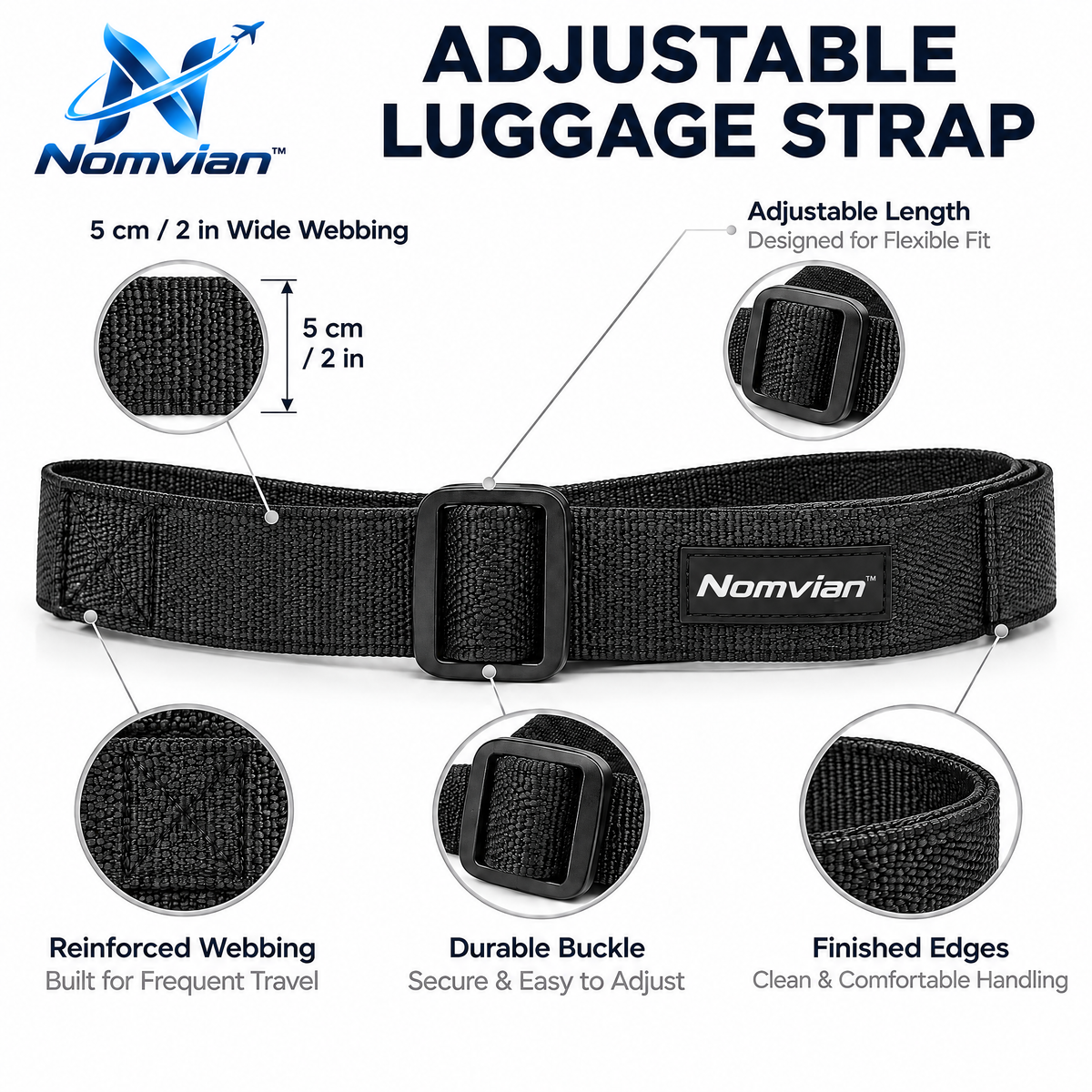 Nomvian™ SecureHold Luggage Strap – Adjustable Travel Suitcase Belt for Baggage Security, Identification & Easy Handling