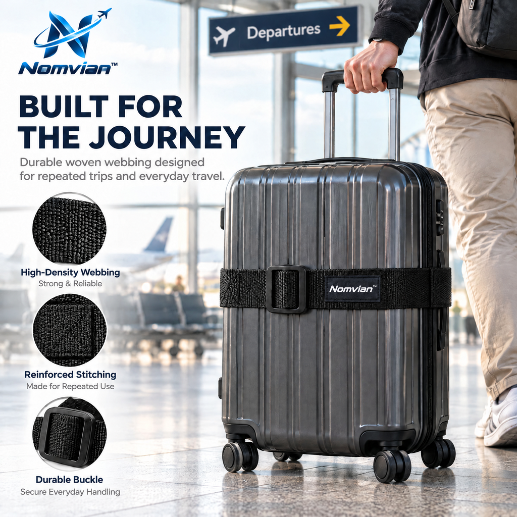 Nomvian™ SecureHold Luggage Strap – Adjustable Travel Suitcase Belt for Baggage Security, Identification & Easy Handling