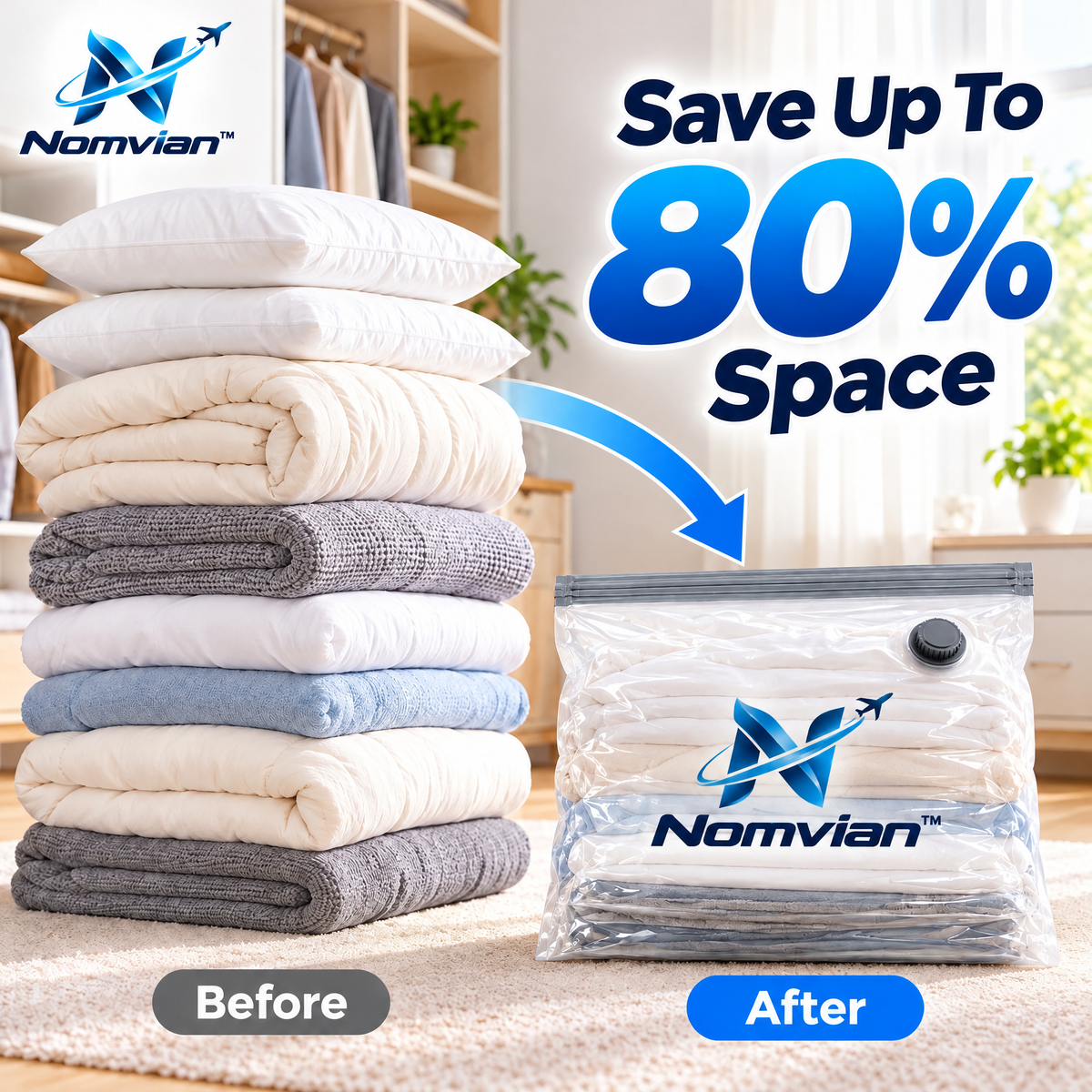 Nomvian™ SpaceSaver Compression Bags – Vacuum Storage Bags for Travel Packing, Clothing Organization & Space-Saving Storage