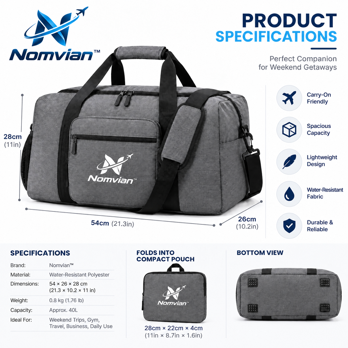 Nomvian™ FoldAway Travel Bag – Lightweight Expandable Folding Duffel Bag for Trips, Storage, Gym & Everyday Carry