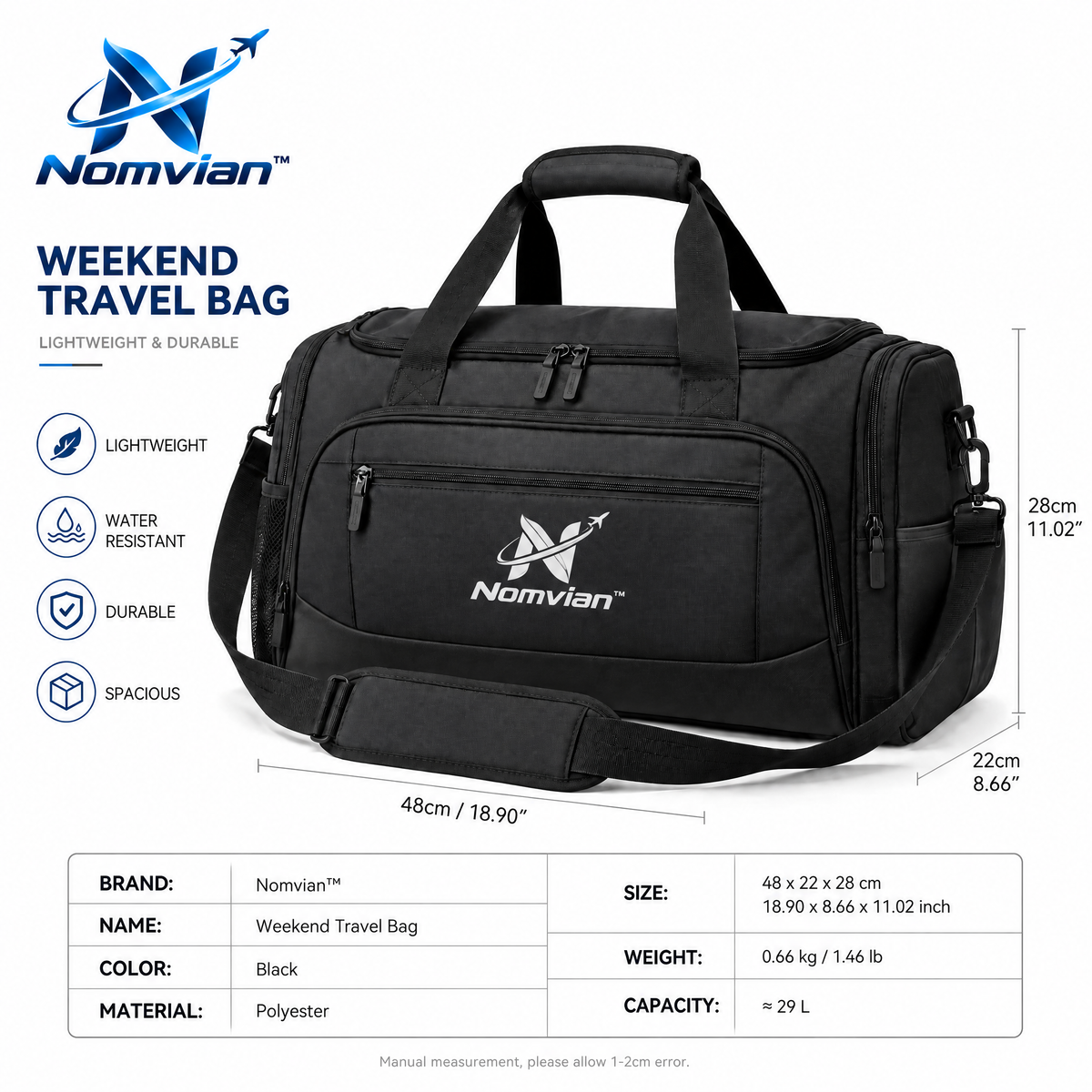 Nomvian™ Weekend Escape Travel Bag – Spacious Carry-On Duffel Bag for Short Trips, Gym, Business Travel & Everyday Adventures